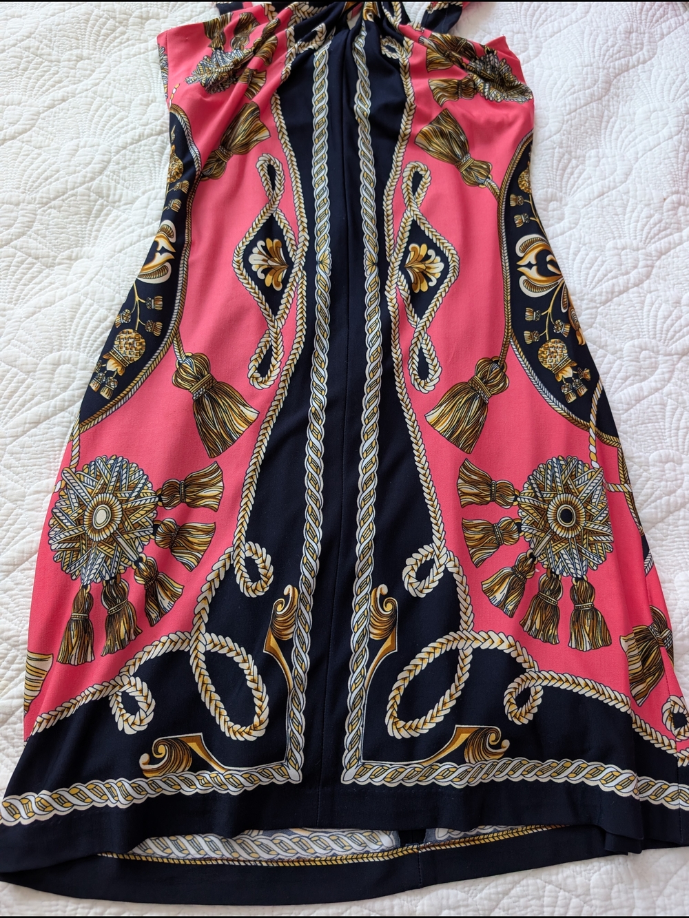 Coral & Black Baroque Print Halter Dress
